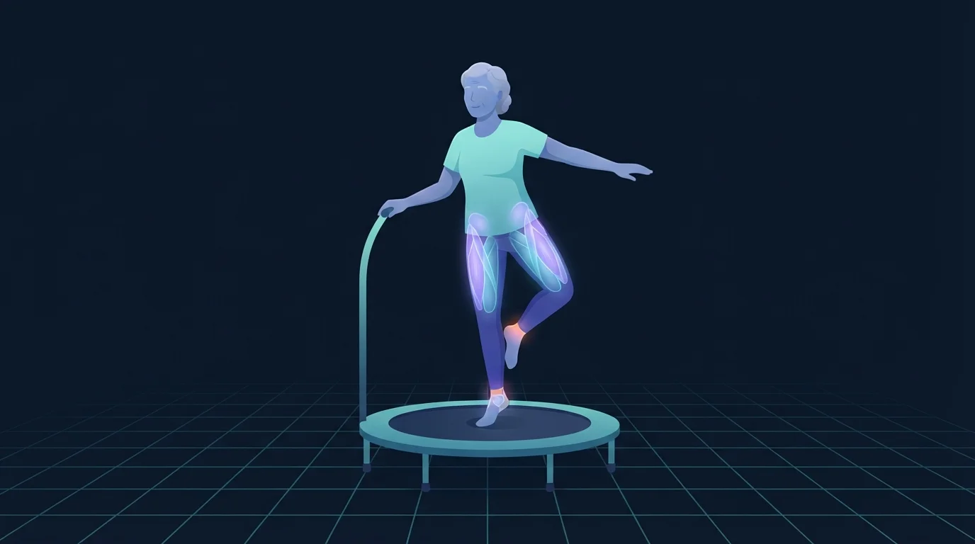 Older adult illustrated figure balancing on one foot on a mini trampoline with one hand resting on a curved stability bar, ankle, hip and core stabilisers glowing in violet