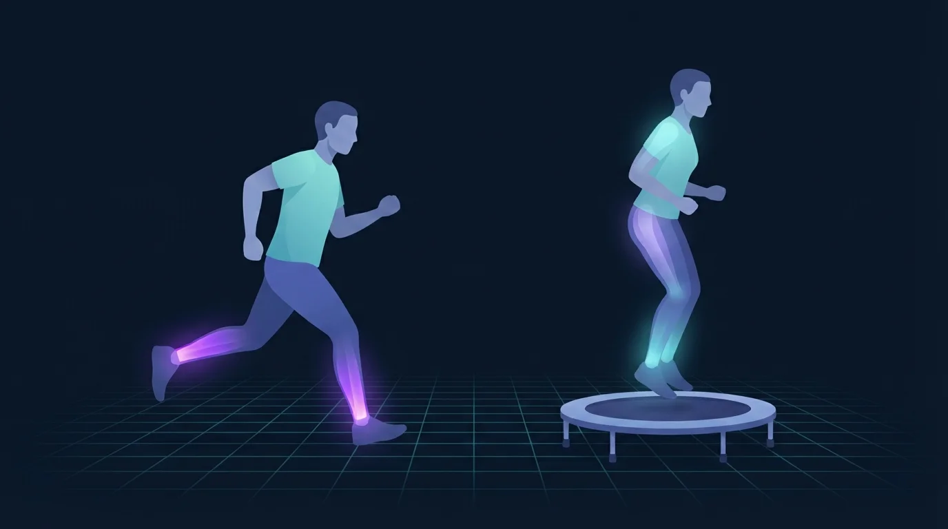 Two illustrated figures side by side, one landing from a run with the ankle glowing intensely and the rest of the body dark, one bouncing on a mini trampoline with an even glow travelling from ankles to hips to shoulders