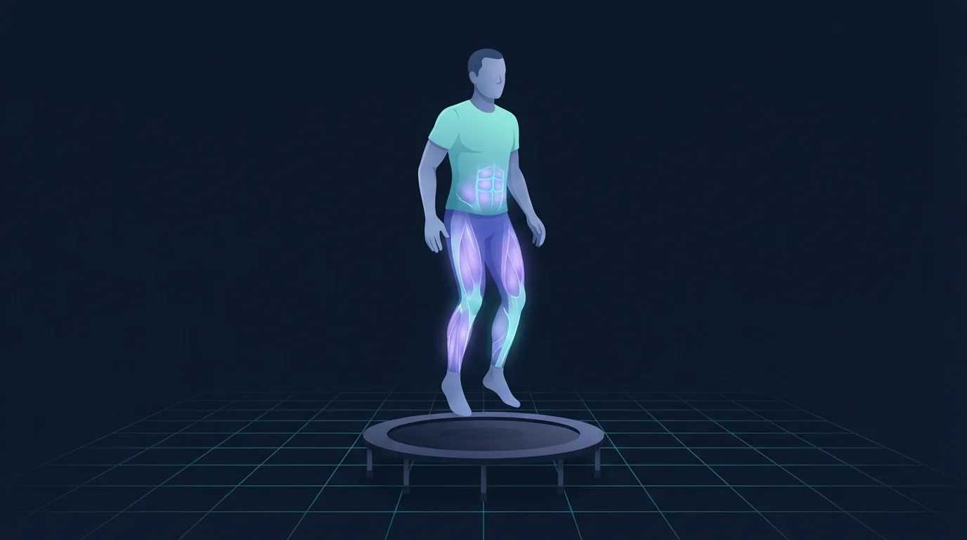 Illustrated figure mid-bounce on a round mini trampoline, knees soft and arms low, with the calves, quadriceps and deep core glowing in translucent violet and cyan