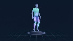 Illustrated figure mid-bounce on a round mini trampoline, knees soft and arms low, with the calves, quadriceps and deep core glowing in translucent violet and cyan