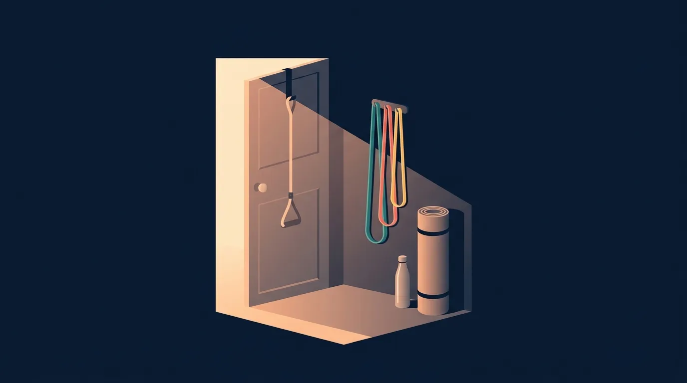 Abstract conceptual illustration of a home training space with a door anchor and stacked loop resistance bands representing a portable full-body training setup with no numeric labels