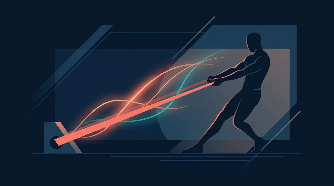 Conceptual illustration of an elastic resistance band stretched across a workout space with abstract force curves indicating rising tension through the range of motion