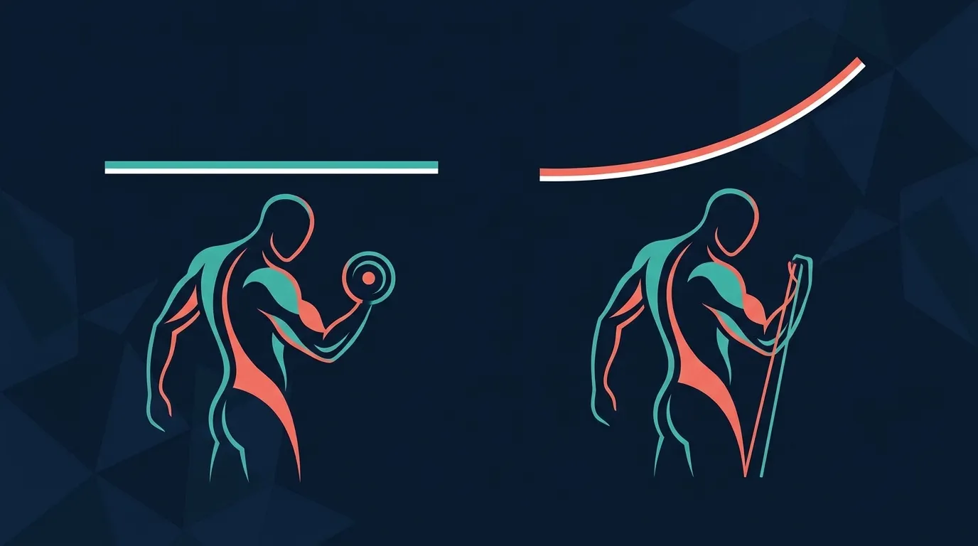 Abstract conceptual illustration comparing gravity-based free-weight loading curve to ascending elastic band tension curve across a full range of motion with no numeric labels