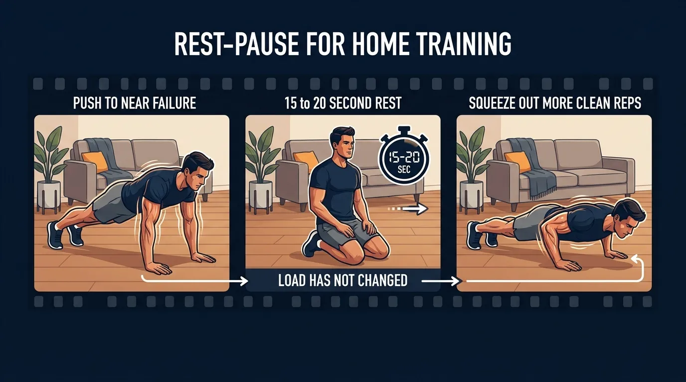 Concept illustration of a home lifter doing push-ups with brief inter-set rests, showing rest-pause application to bodyweight training with fixed loads