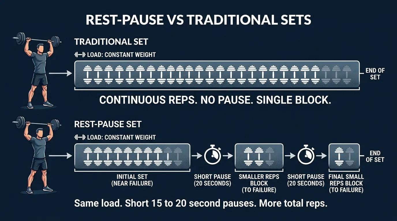Illustration comparing a traditional straight set to a rest-pause set, showing brief 15 to 20 second pauses between mini-sets that push to failure at the same load