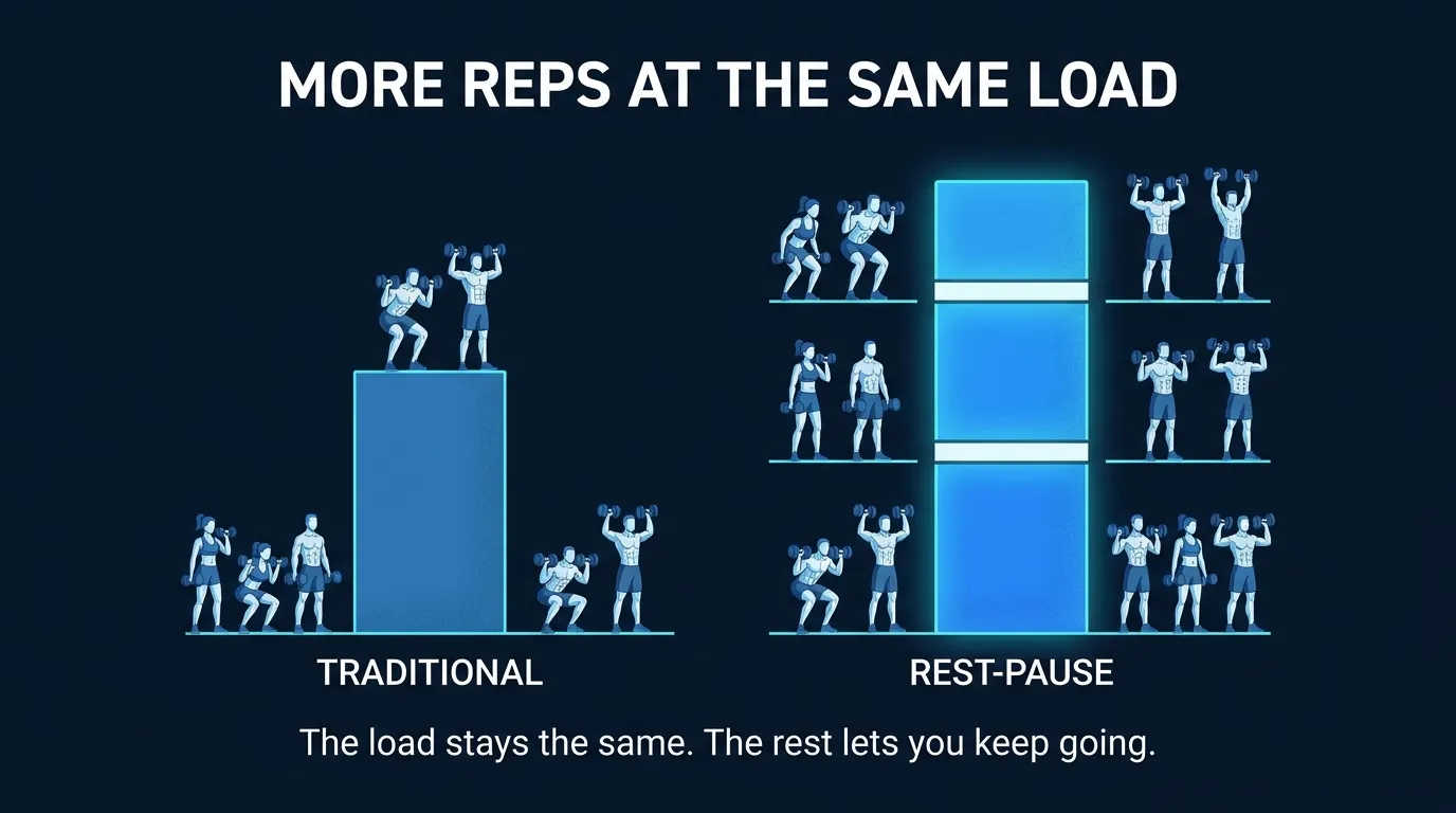 Concept illustration comparing total reps completed at the same load across a traditional straight set and a rest-pause set with two brief inter-set pauses