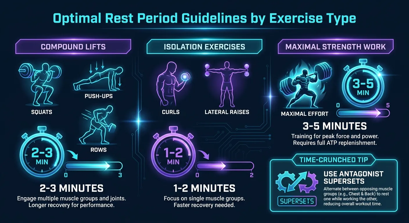 Optimal rest period guidelines by exercise type showing 2-3 minutes for compound lifts, 1-2 minutes for isolation, and 3-5 minutes for maximal strength