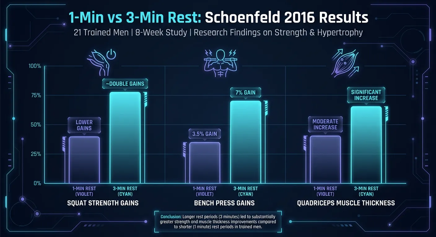Bar chart comparing 1-minute versus 3-minute rest period results from Schoenfeld 2016 study showing superior strength and hypertrophy gains with longer rest