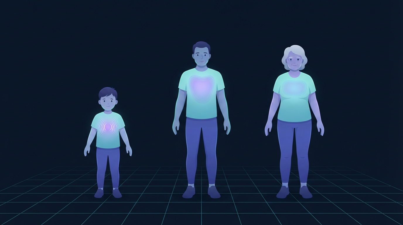 Editorial illustration comparing a child, a middle-aged adult and an older adult standing side by side with their chests glowing at different intensities