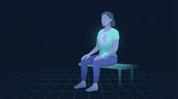 Editorial illustration of a person sitting calmly with a wrist tracker while the chest glows, showing how a resting heart rate reading is taken