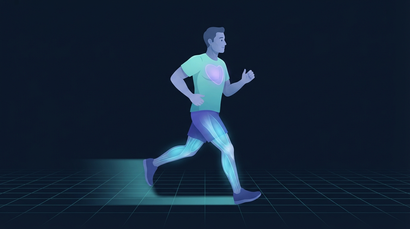 Editorial illustration of an adult jogging on a teal grid floor with the heart and leg muscles glowing, representing the drop in resting heart rate from endurance training