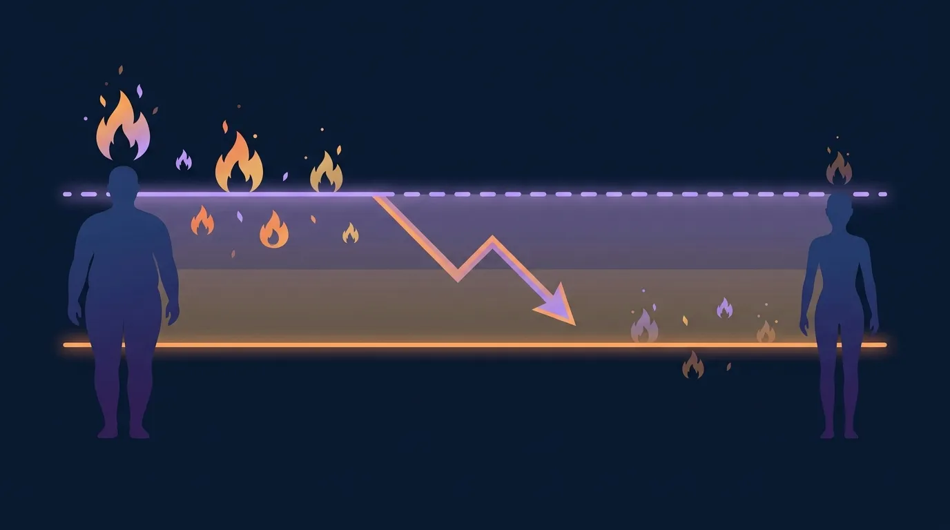 Conceptual visualization of the metabolic-adaptation gap showing predicted resting metabolic rate as a horizontal reference and measured resting metabolic rate suppressed below it after weight loss