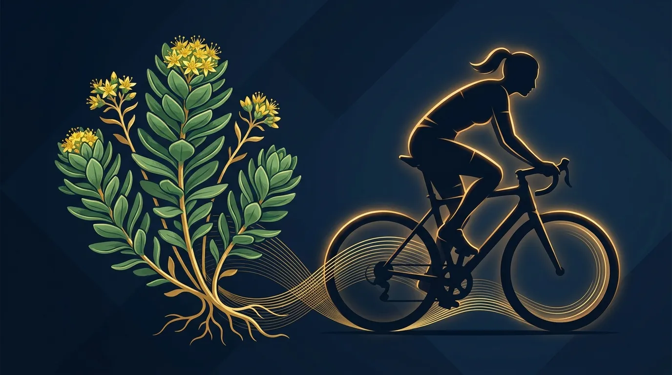 Conceptual illustration of Rhodiola rosea plant with an athletic figure cycling in the background, representing the adaptogen's effect on endurance exercise performance
