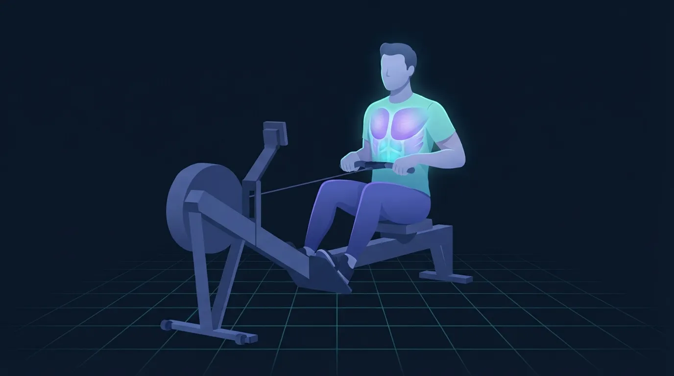 Illustrated figure sitting tall on a rowing machine mid-recovery, one hand on the handle, with the chest, upper back and heart region glowing in cyan to signal aerobic load