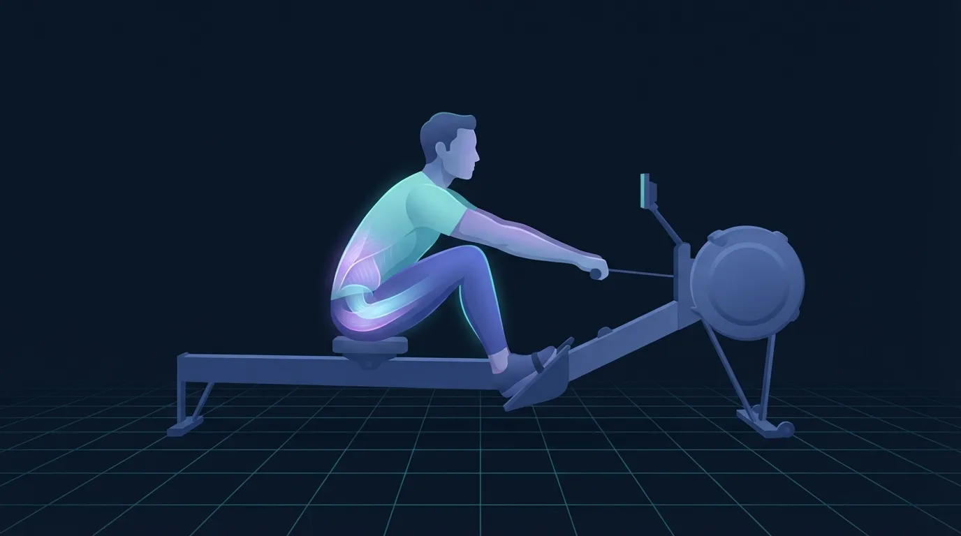 Illustrated figure at the catch position on a rowing machine, shins vertical and torso reaching forward with a neutral spine, the erectors and core glowing to signal proper posture at the front of the stroke