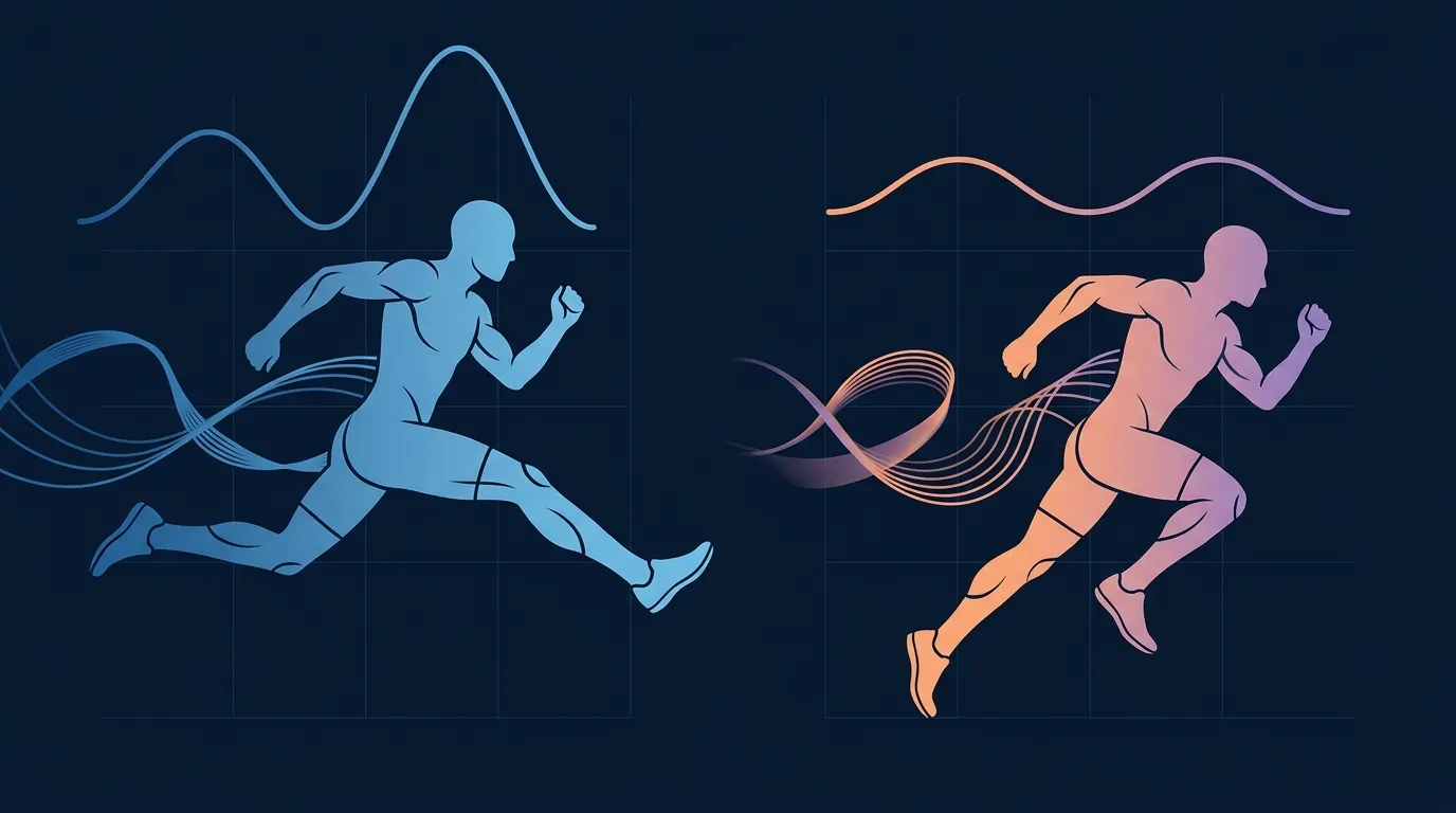 Conceptual illustration of a running gait cycle with abstract visualization of shorter stride length and reduced vertical center of mass excursion at higher cadence