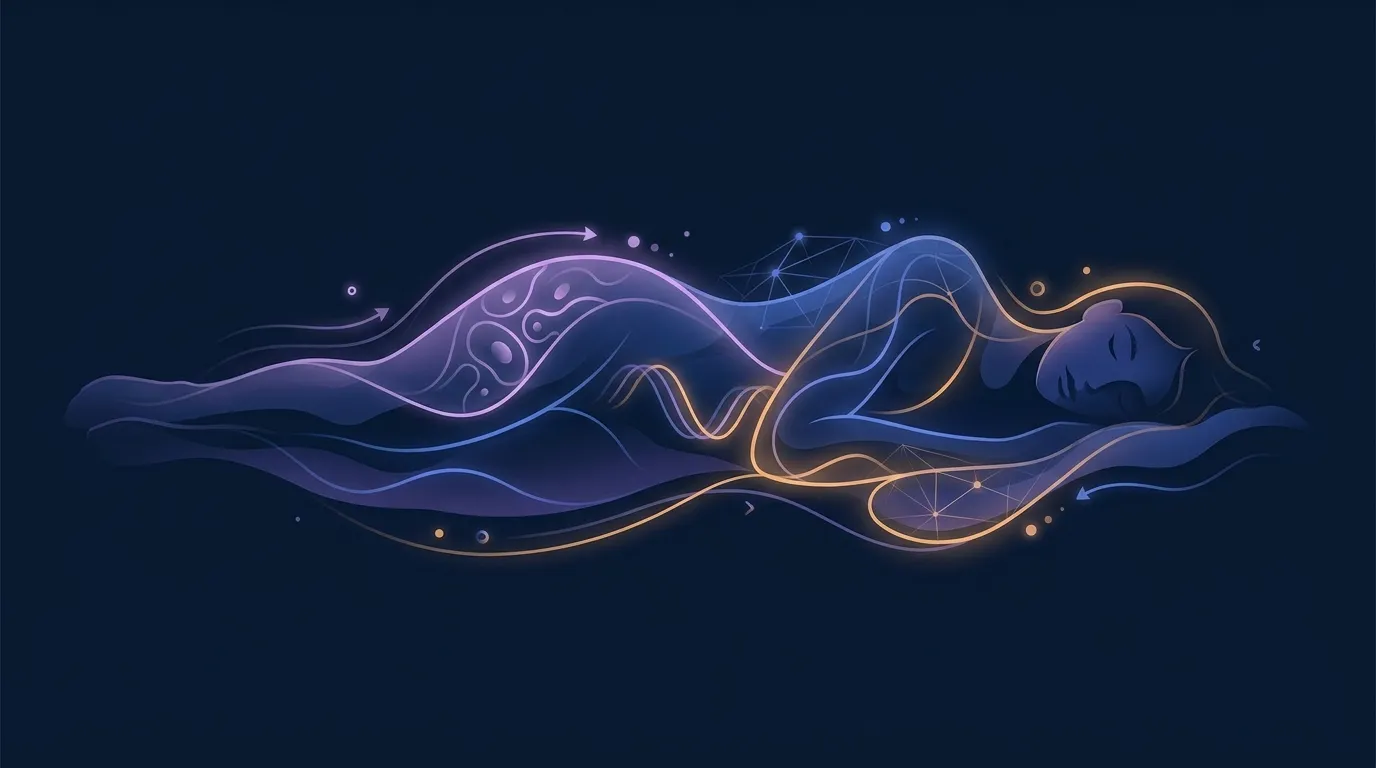 Conceptual illustration of nighttime sleep with abstract lines suggesting muscle repair and recovery happening overnight