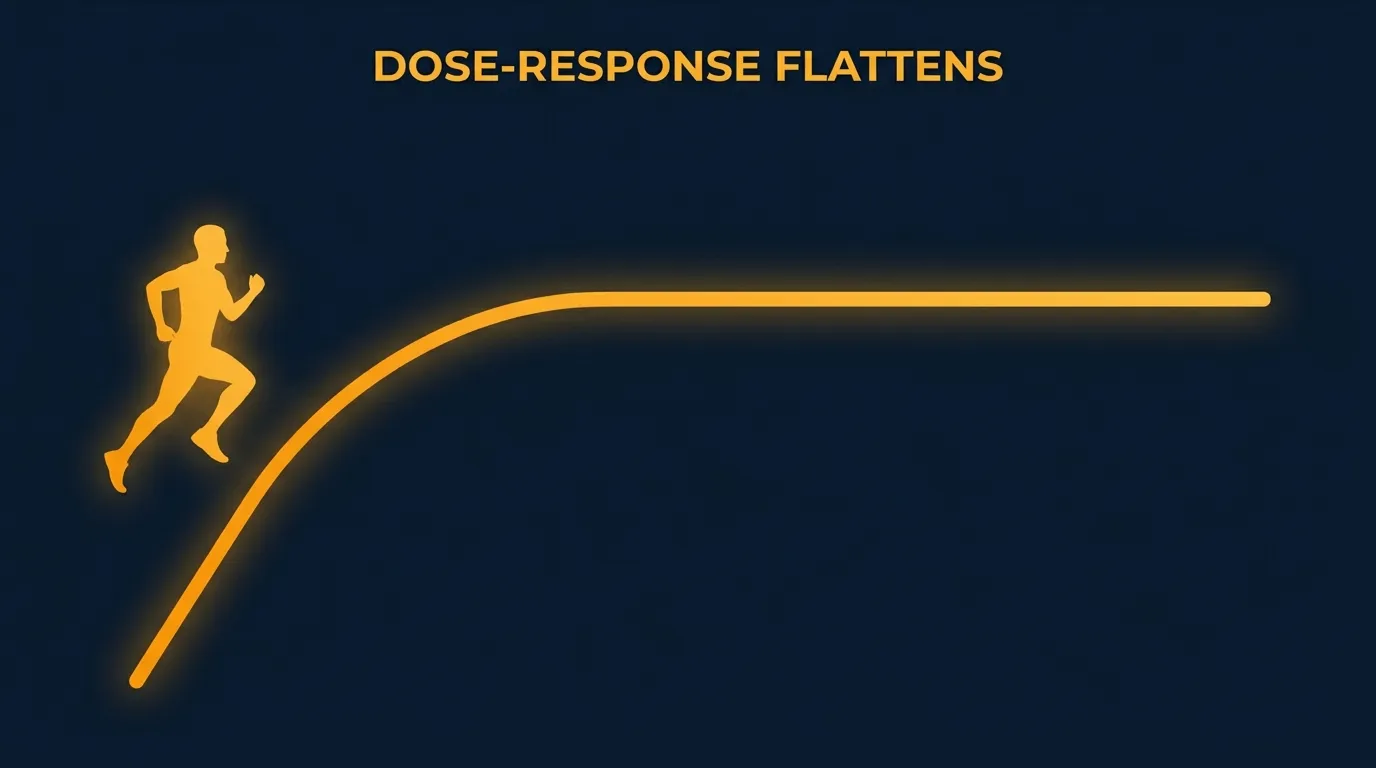 Abstract concept illustration of a smooth curve rising then flattening, symbolizing the fast-plateauing dose-response for running and mortality