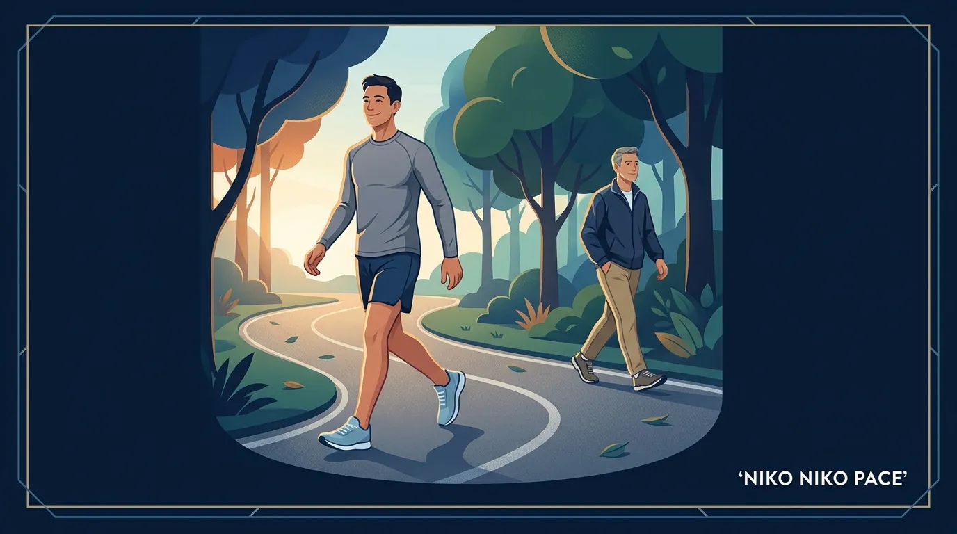 Concept illustration of a person slow jogging at conversational pace on a park path, relaxed posture, slight smile, mid-foot strike
