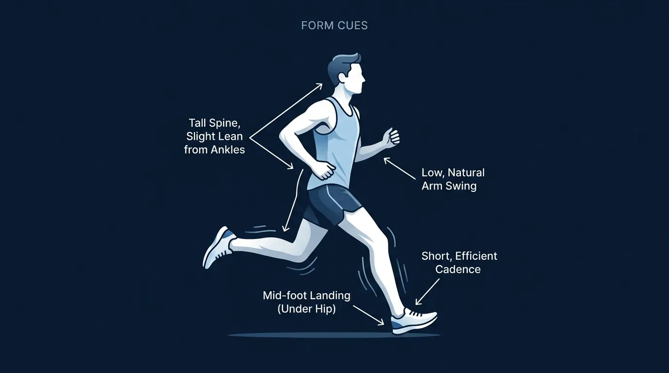 Concept illustration of correct slow jogging form: relaxed upright posture, mid-foot landing under the hip, short cadence, arms low and swinging naturally