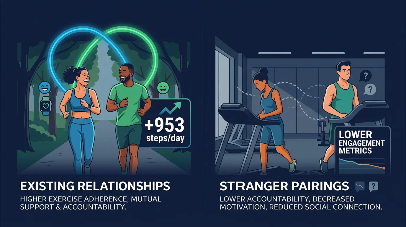 Comparison showing existing relationships like family and friends with strong accountability bonds and 953 steps per day increase versus stranger pairings with weak connections and lower results