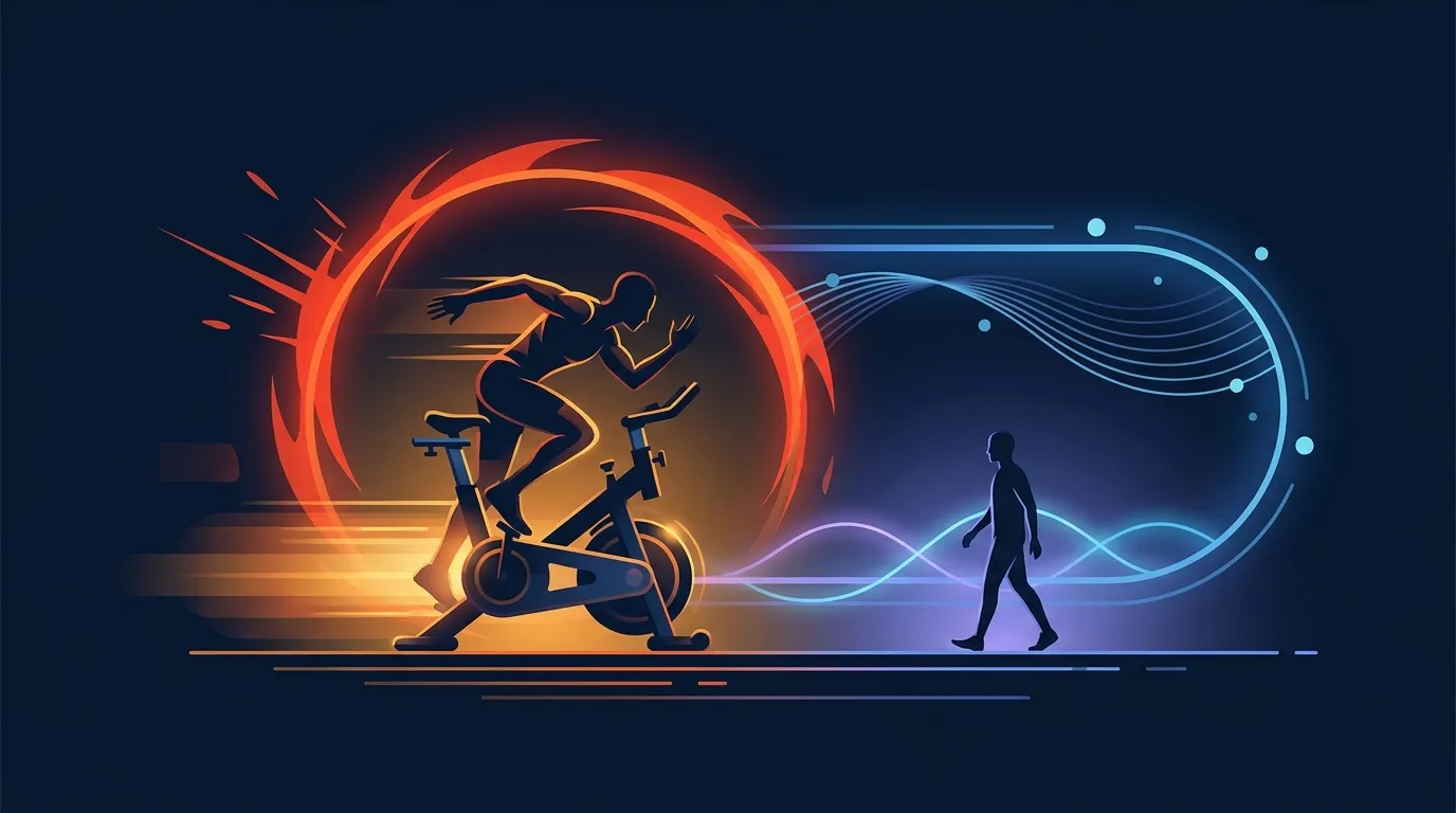 Conceptual illustration of a sprint interval training session showing three all-out 20-second sprints separated by long easy-recovery periods, with a shorter total session length than moderate continuous cardio