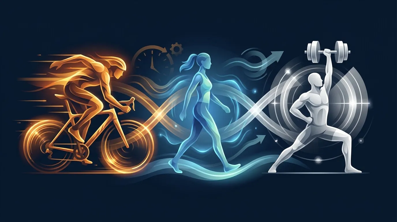 Conceptual illustration of a weekly training week combining sprint intervals with easy aerobic sessions and resistance training