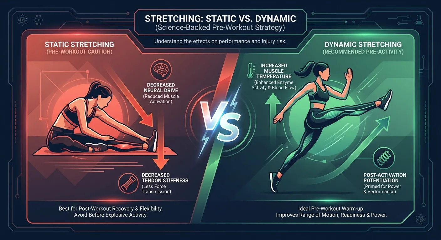 Side-by-side comparison of static versus dynamic stretching showing decreased neural drive and tendon stiffness from static holds versus increased muscle temperature and potentiation from dynamic movement