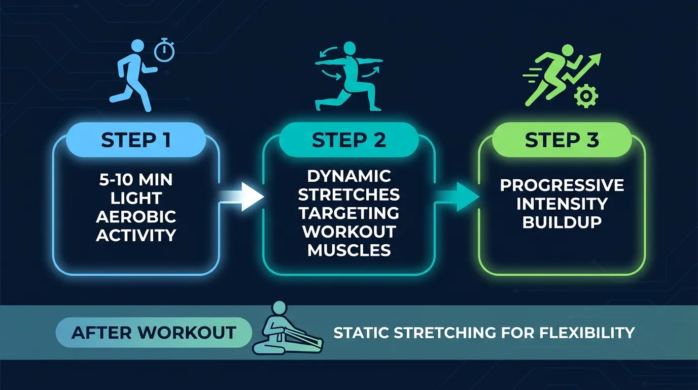 Proper warm-up sequence timeline showing light aerobic activity, dynamic stretches targeting workout muscles, progressive intensity buildup, and post-workout static stretching for flexibility