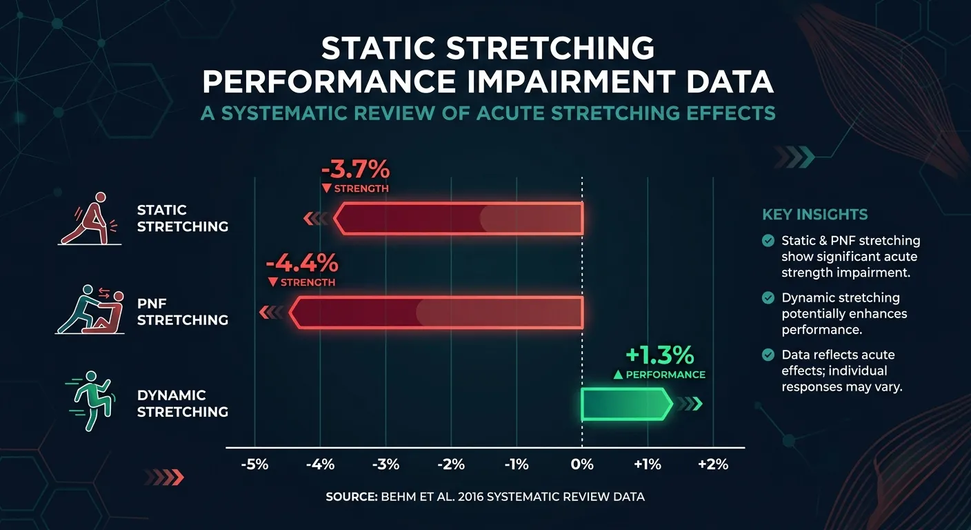 Bar chart showing static stretching reduces strength by 3.7%, PNF stretching reduces strength by 4.4%, and dynamic stretching improves performance by 1.3% based on Behm et al. 2016 systematic review