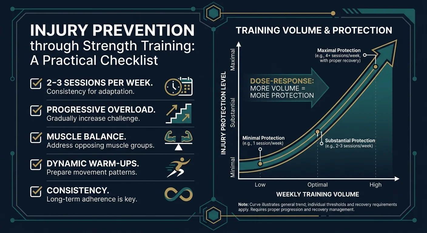 Practical injury prevention checklist showing 2 to 3 strength sessions per week with progressive overload and dose-response curve where more training volume equals more protection