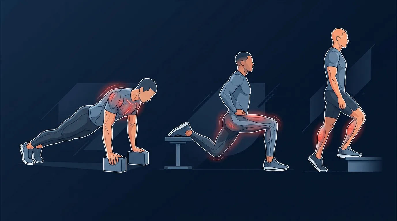 Illustration of bodyweight exercises performed at long muscle lengths including deficit push-ups Bulgarian split squats and deep calf raises off a step