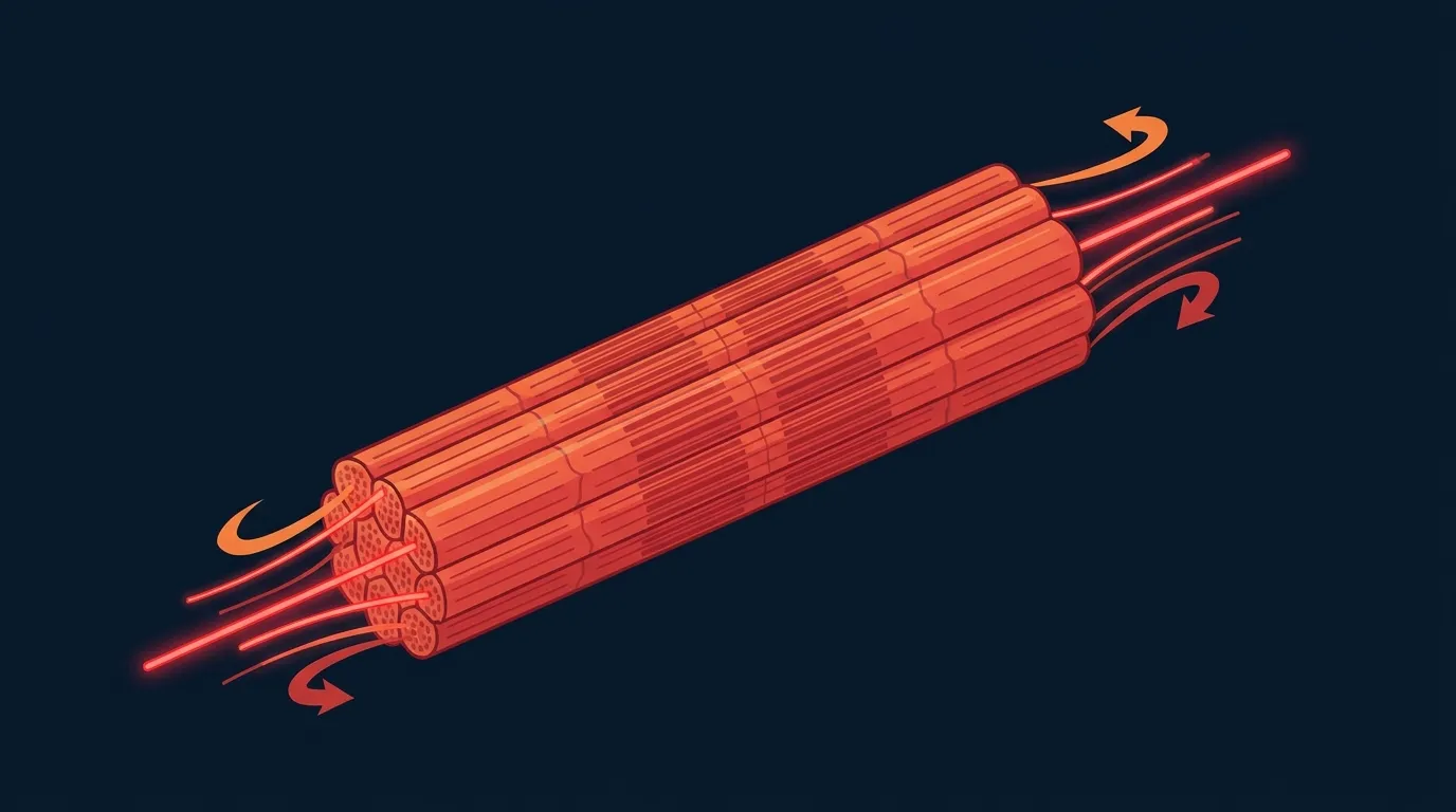 Diagram showing increased mechanical tension on muscle fibers in the lengthened position triggering hypertrophy signaling