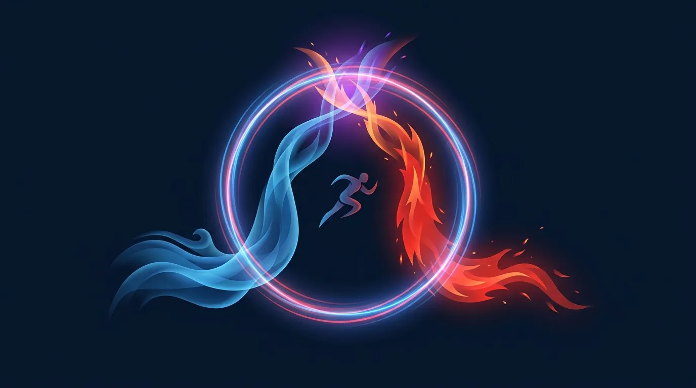 Editorial illustration contrasting aerobic and anaerobic energy systems, with both rising during a four-minute Tabata session