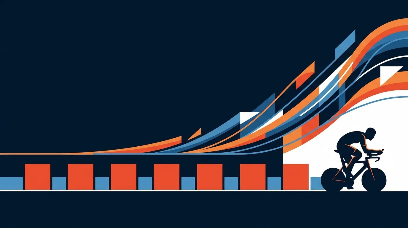 Editorial illustration of a four-minute Tabata cycle showing eight short work intervals separated by brief rest periods, with a rising fitness arc above