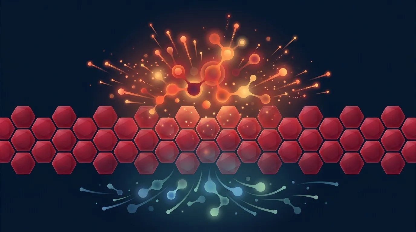 Conceptual illustration showing how anthocyanins from Montmorency cherries modulate the NF-kB inflammatory pathway and reduce downstream cytokine amplification in damaged muscle tissue