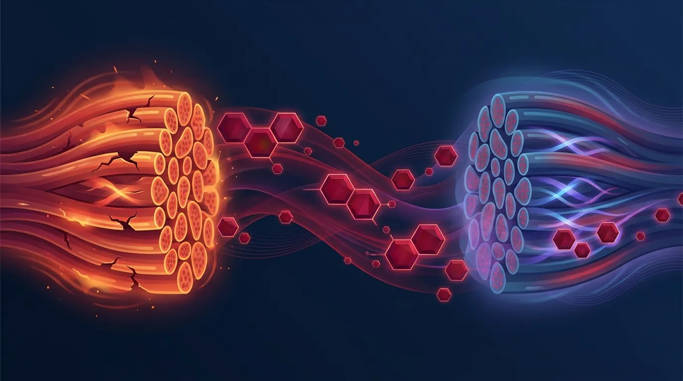 Conceptual illustration of tart cherry anthocyanins damping down post-exercise inflammation and oxidative stress in muscle tissue