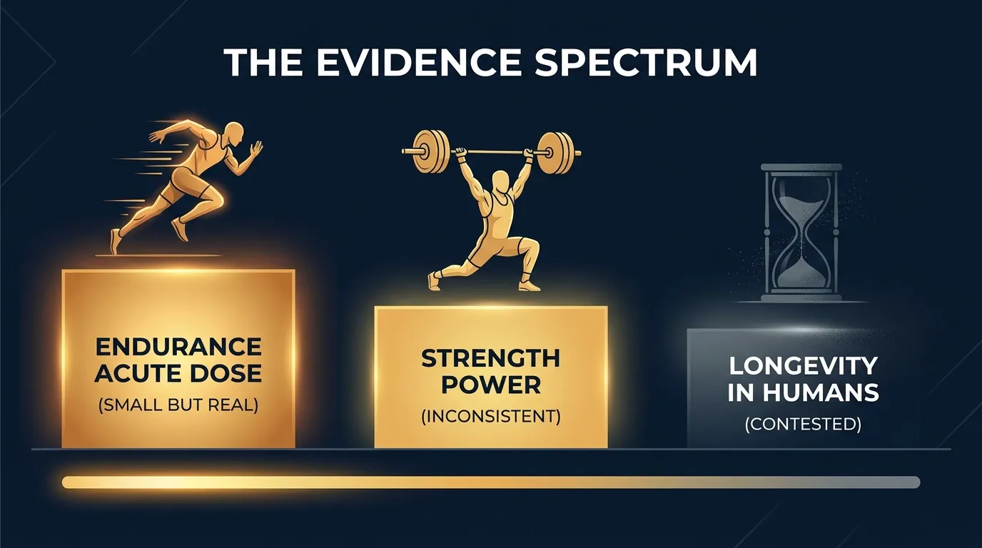 Conceptual illustration showing the taurine effect size spectrum from small acute performance benefits in endurance to unproven longevity claims