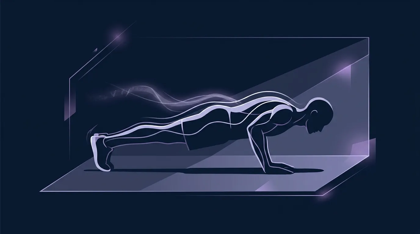 Abstract conceptual illustration of a bodyweight push-up performed with deliberate eccentric tempo and controlled concentric phase without specific numbers or text