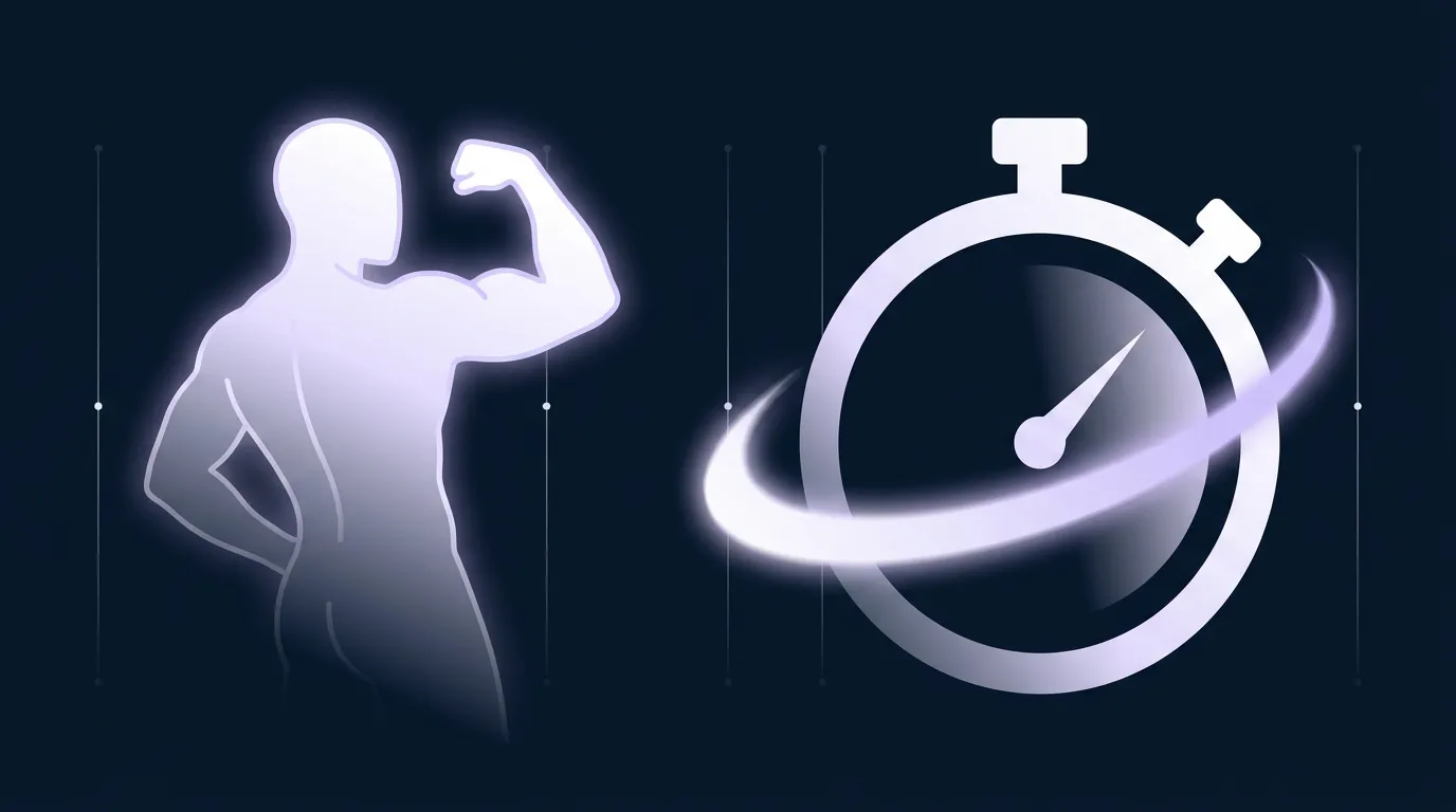 Conceptual illustration of a stopwatch and a flexed muscle silhouette representing time under tension during a resistance training set