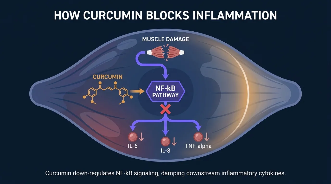 Conceptual illustration showing curcumin blocking the NF-kB inflammatory signaling pathway and reducing downstream cytokines IL-6 and TNF-alpha in damaged muscle