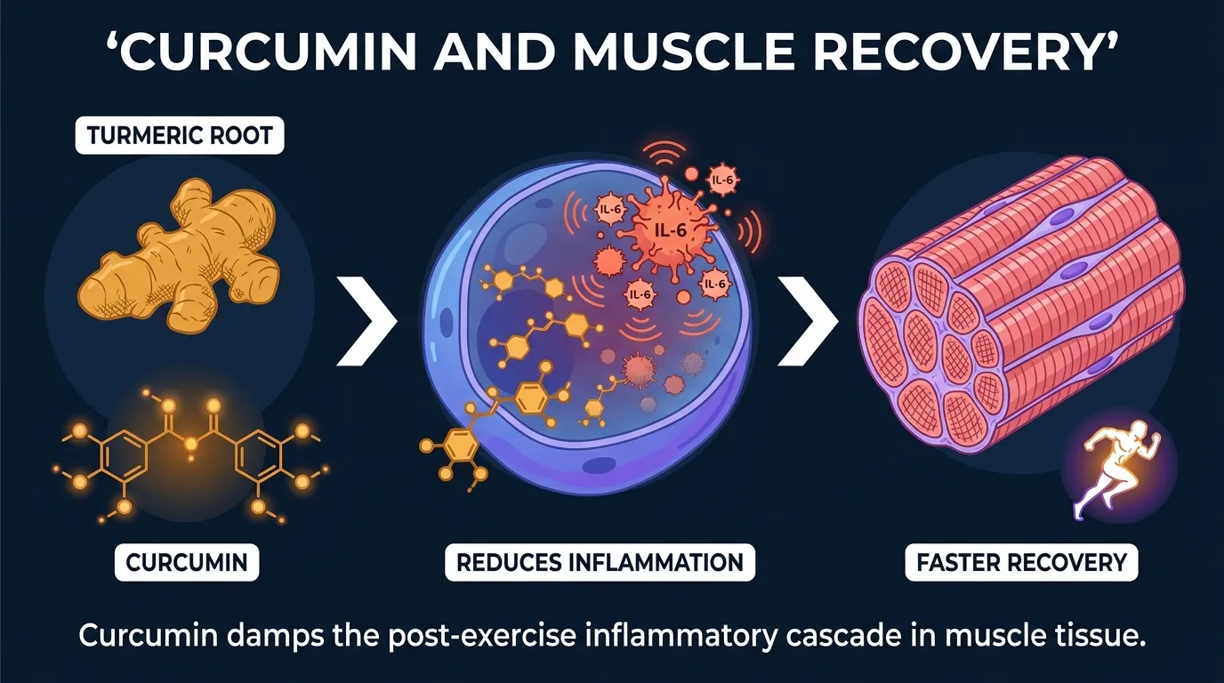 Conceptual illustration of curcumin molecules from turmeric root reducing inflammation in damaged skeletal muscle tissue