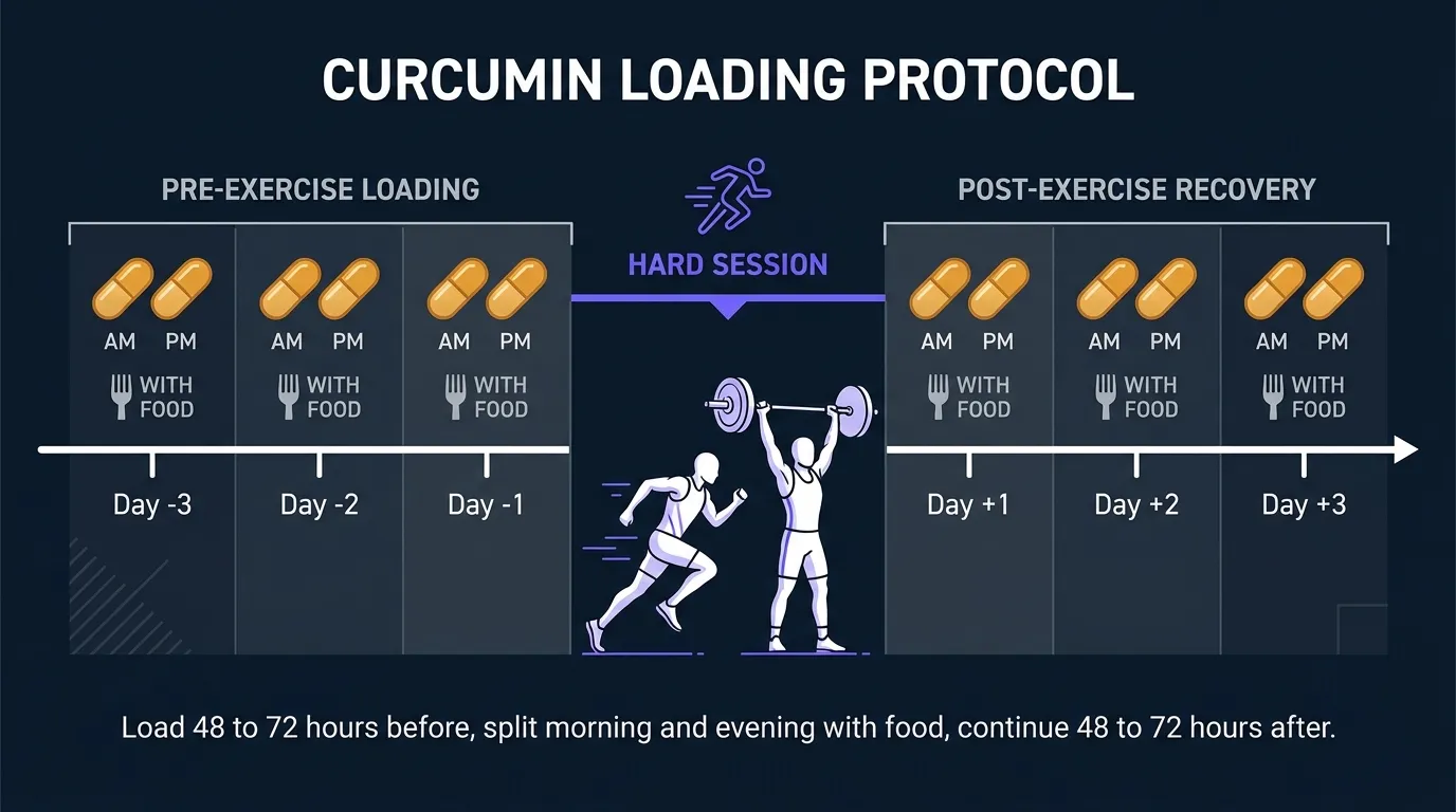 Conceptual illustration of a curcumin supplementation loading protocol showing twice-daily doses with meals containing fat, spanning several days before, during, and after a hard exercise session