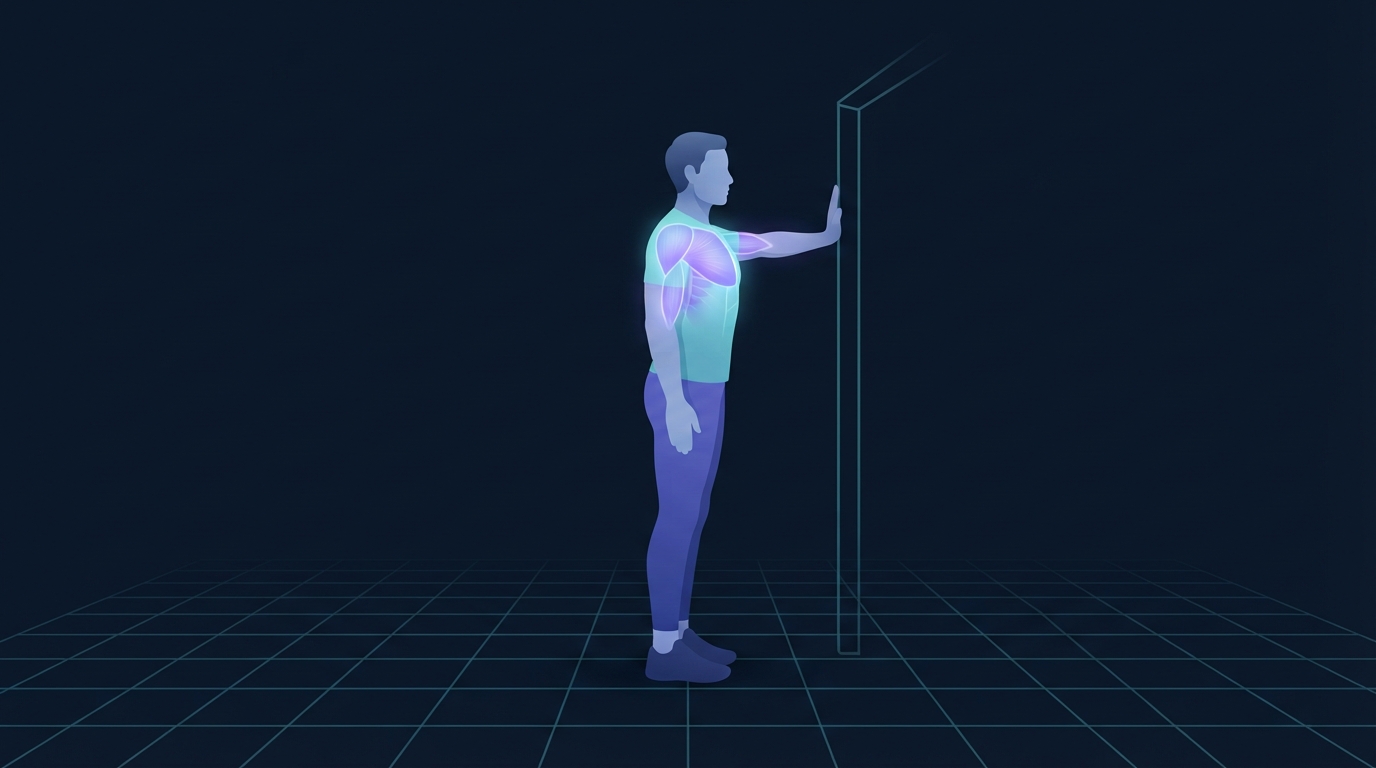 Illustration of a person standing beside a doorway with one forearm on the frame performing a chest stretch, the pectoral muscles glowing as the tissue being lengthened