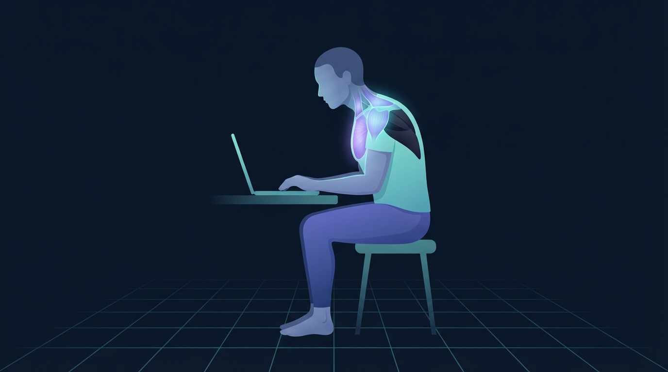 Side view illustration of a seated desk worker with the head carried forward of the shoulders, the chest and upper trapezius glowing while the muscles between the shoulder blades stay dark