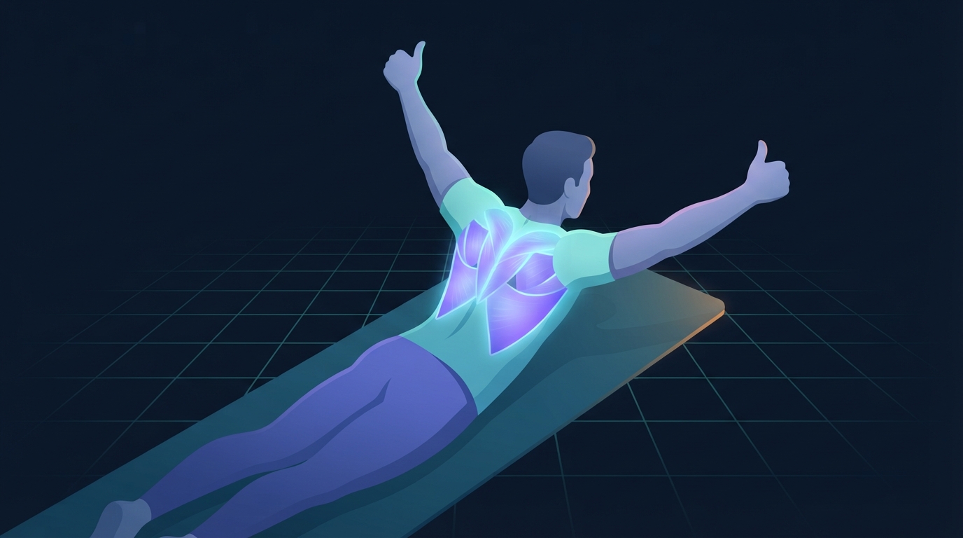 Illustration of a person lying face down on a mat performing a prone Y raise with thumbs up and the middle and lower trapezius glowing across the mid back