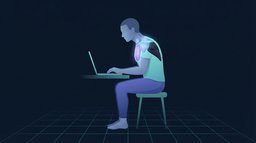 Side view illustration of a seated desk worker with the head carried forward of the shoulders, the chest and upper trapezius glowing while the muscles between the shoulder blades stay dark