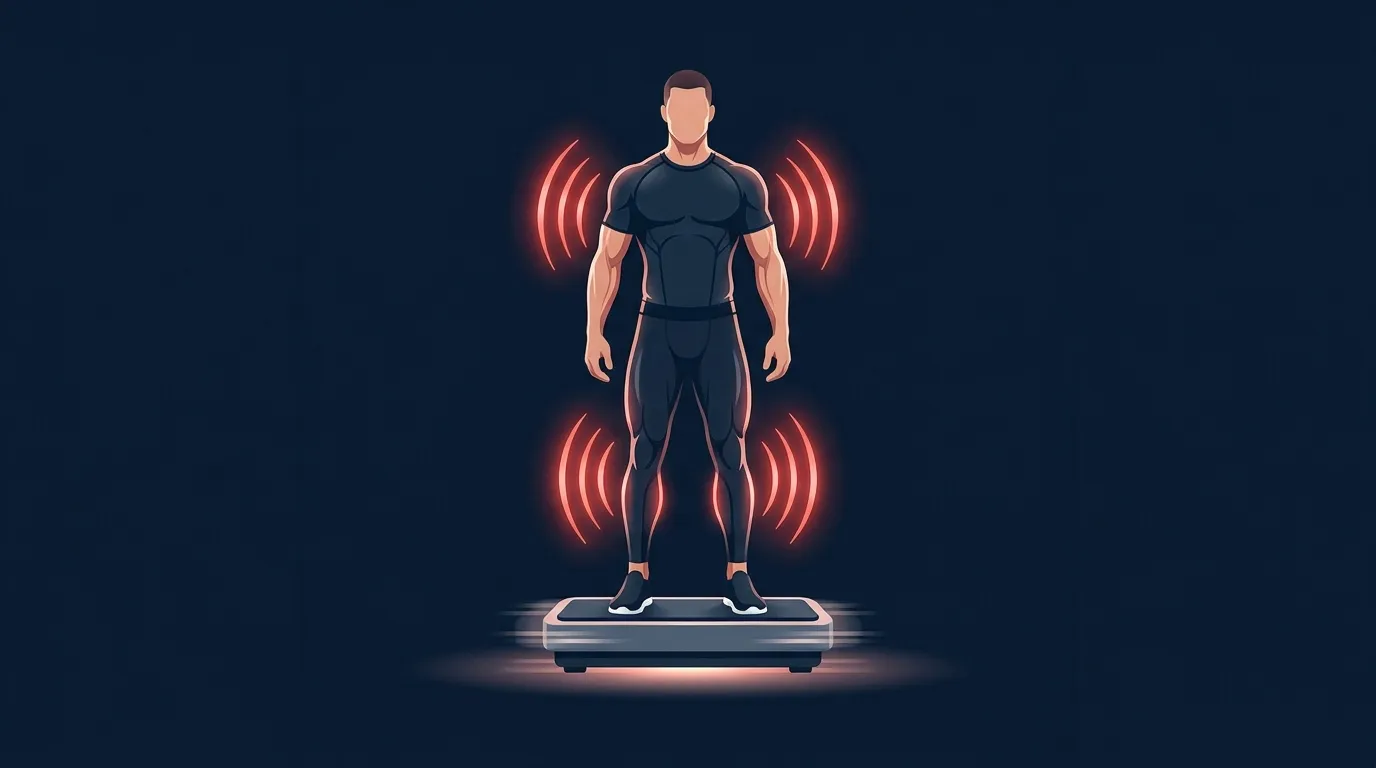 Illustration of a person standing on an oscillating vibration platform with reflex arcs shown at the ankle and knee, representing the involuntary muscle activation mechanism of whole-body vibration training