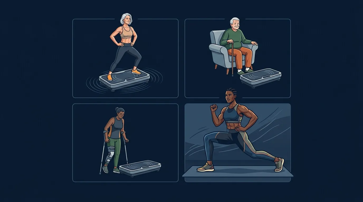 Concept illustration showing three narrow use cases for whole-body vibration: postmenopausal osteoporosis, very old adults with reduced mobility, and severely deconditioned individuals, with a fourth panel showing exercise as the default for everyone else
