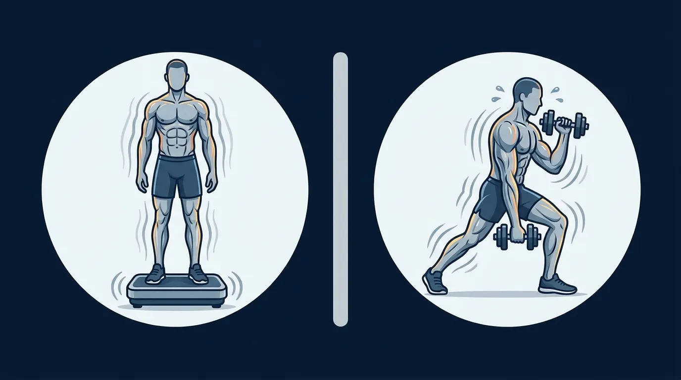 Concept illustration comparing three effect-size bars showing whole-body vibration versus sedentary controls in blue and whole-body vibration versus exercise controls in gray, illustrating that vibration only matches exercise on jump performance